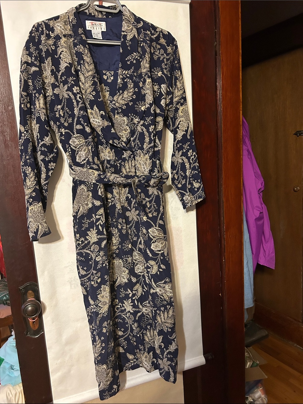 Talbots Navy and Cream Paisley Wrap Dress with belt, Sz 10